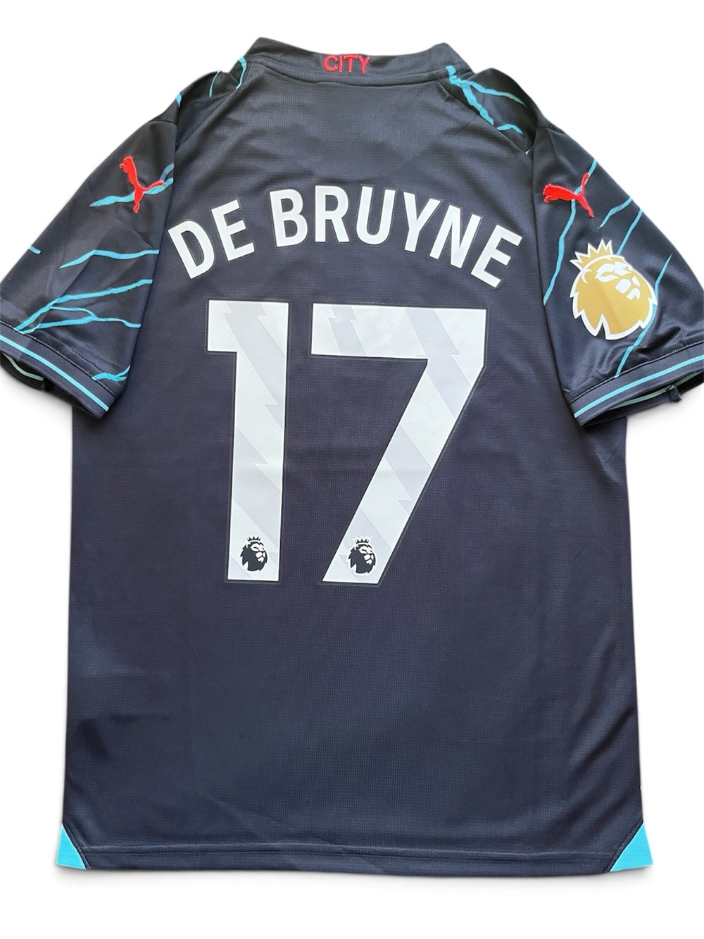 De Bruyne #17 Man City Small Black Lightning Soccer Jersey 2023/2024 Manchester